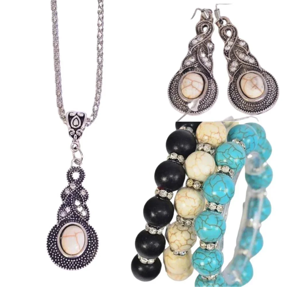 3 Sets of Silver Earrings Bracelet & Necklace Set Natural Stone & Crystals - Picture 7 of 7